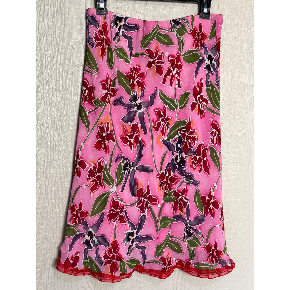 Carole Little Y2K Pink Floral Batik Midi Skirt Red Ruffle Hem Rayon Size 10 EUC
